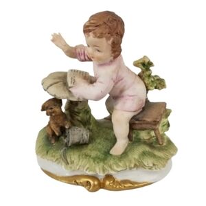 Vintage Candrea Porcelain Figurine Girl w/ Dog & Book On Toad Stool #7195 Japan